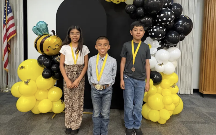 Bradford fourth-grader Emmanuel Cuevas (center) won the Region 15 Spanish Spelling Bee on March 3, while fifth-grader Esmeralda Cuevas (left) was second, and fifth-grader Daniel Sanchez (right) was third.