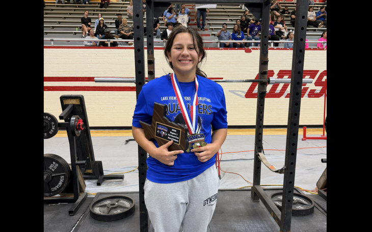 San Angelo Lake View’s Bella Reyes took third place Thursday in the unequipped division at the state powerlifting meet at Bert Ogden Arena in Edinburg.