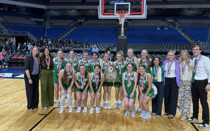 The Wall girls basketball team poses with its championship trophy after defeating Central Heights 49-34 in the Class 3A Division II state final Monday, March 6, 2026, at the Alamodome in San Antonio.