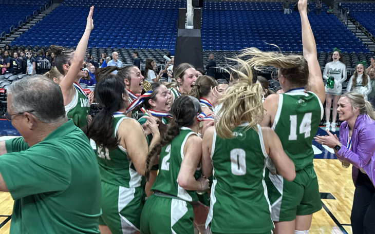 The Wall girls basketball team celebrates its win over Central Heights in the Class 3A Division II state final Monday, March 6, 2026, at the Alamodome in San Antonio.