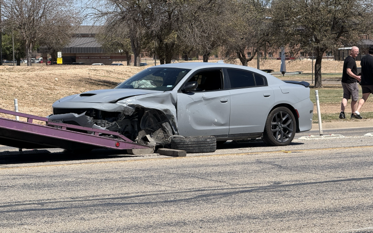 A two-vehicle collision Thursday afternoon in front of Goodfellow Air Force Base has reduced outgoing traffic to one lane.