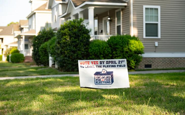 A sign promoting Virginia's redistricting referendum vote in a Norfolk, Virginia neighborhood on April 15, 2026.
