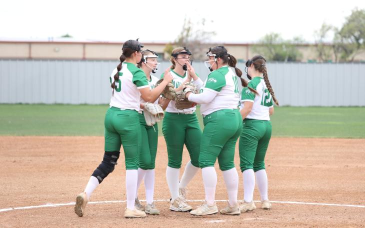 The Wall Lady Hawks huddle with pitcher Madee Williams during the 2026 softball season.