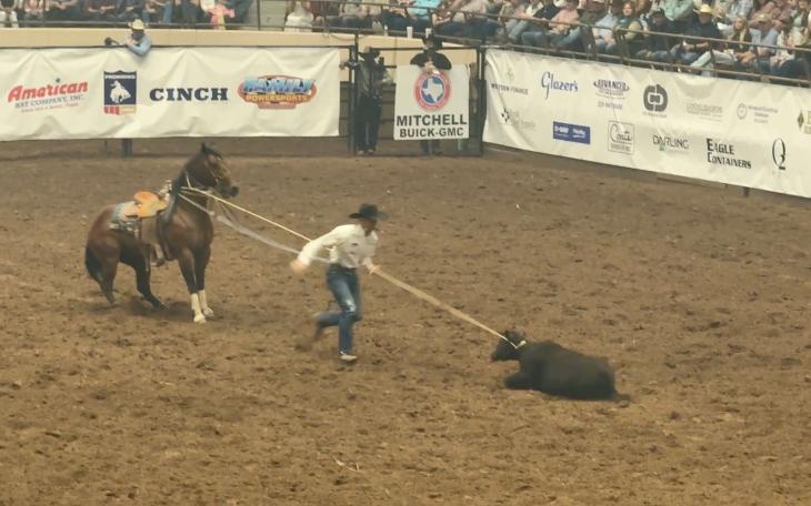 Joel Harris leads the tie-down at the San Angelo Rodeo after performance 1 on April 3, 2026.