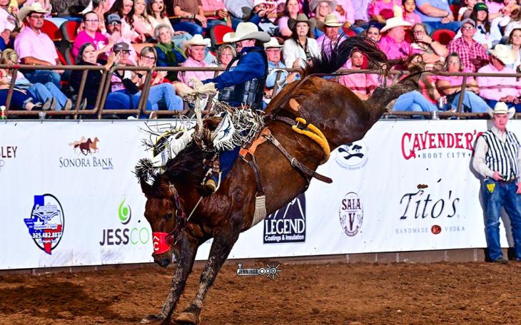 Chase Brooks scored an 86.5 in saddle bronc riding at the San Angelo Rodeo on Thursday, April 16, 2026.
