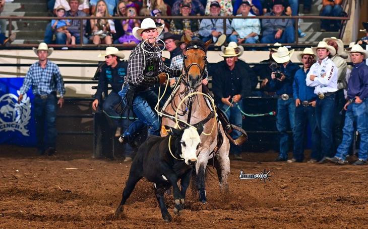 Angelo State's Sam Lewis won the tie-down roping title in the finals of the San Angelo Rodeo on Friday, April 17, 2026.