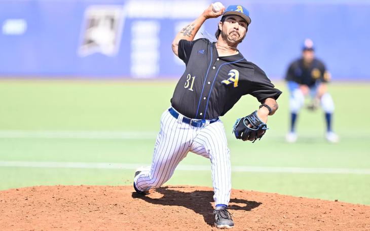 Angelo State's Garrett Baumann fires a pitch during the 2026 baseball season.