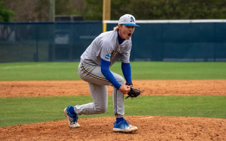 Angelo State pitcher Luke Spencer celebrates during the Rams' 3-2 win over St. Edward's on Sunday, April 5, 2026.