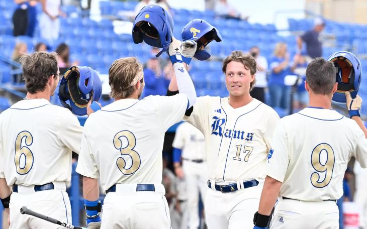 The Angelo State baseball team celebrates during the 2026 season.