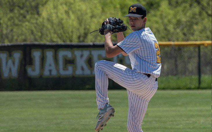 Menard High School baseball pitcher Eli Weatherly winds up during the 2026 season.