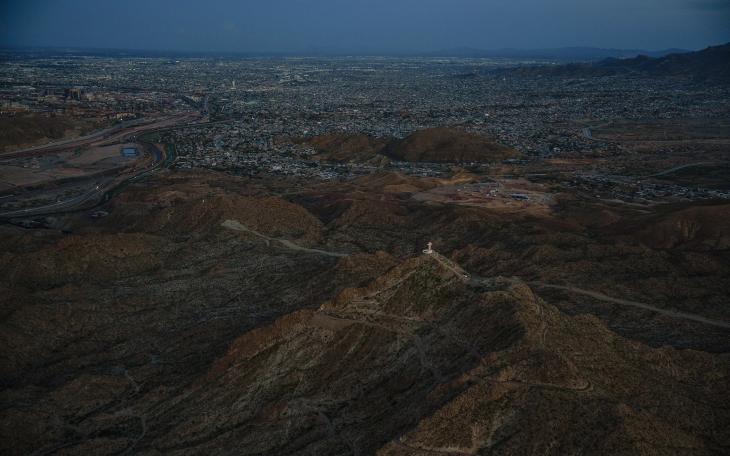 An aerial view of Mount Cristo Rey on the U.S.-Mexico border, with Ciudad Juárez and El Paso in the distance, in Sunland Park, New Mexico on Sept. 7, 2025.