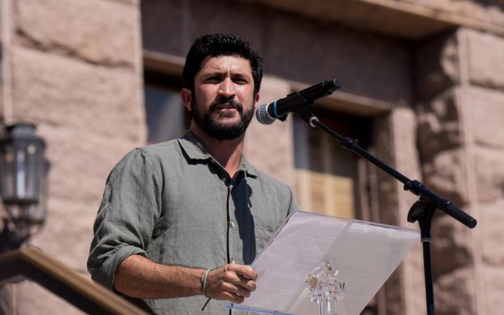 U.S. Rep. Greg Casar, D-Austin, speaks to demonstrators during the second “No Kings" protest at the Texas Capitol in Austin on Oct. 18, 2025. Eric Vryn for The Texas Tribune