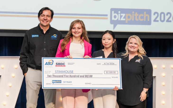 2026 BizPitch winner Audrey Spearman (in pink) with ASU and SBDC representatives