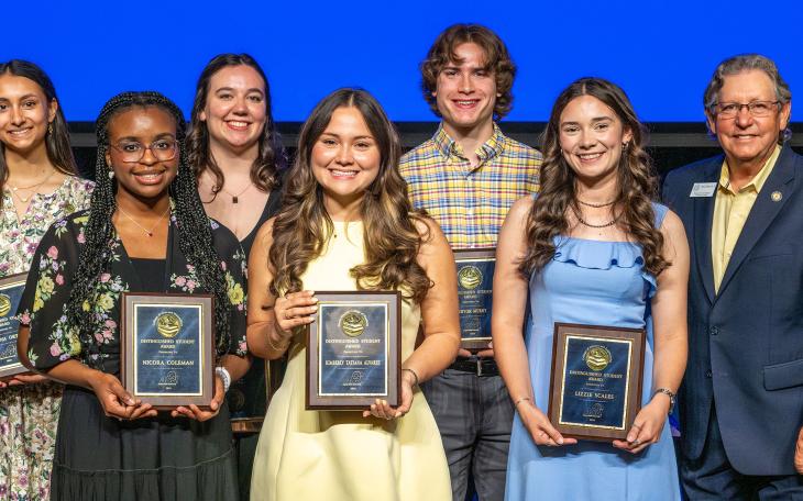 (Back, L-R) Kianna Ortiz, Isabel Gilbert, Ashton Murry; (Front, L-R) Nicora Coleman, Kimberly Tatiana Alvarez, Lizzie Scales, ASU Provost Don Topliff