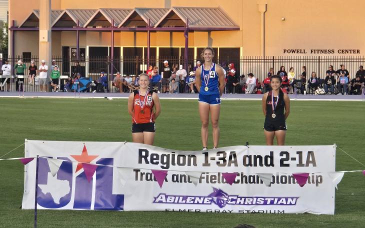 Veribest's Chloe Becker (center) won gold medals in the 100- and 200-meter dashes Saturday at the Region II-1A Track and Field Meet in Abilene.