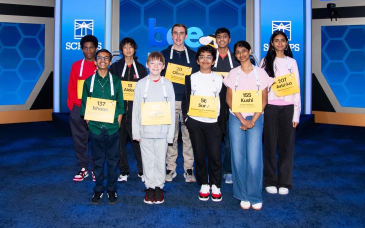 The nine finalists at the 2026 Scripps National Spelling Bee are Shrey Parikh, 14; Sarv Dharavane, 12; Ishaan Gupta, 12; Kushi Gottimukkala, 13; Oliver Halkett, 14; Aiden Meng, 13; Logan Bailey, 12; Avishka Dudala, 13; and Zwe Spacetime, 14.