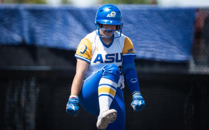 The Angelo State softball team celebrates during the 2026 Lone Star Conference Tournament.