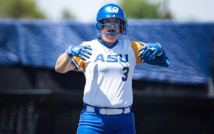 Angelo State's Abby Brand celebrates during the 2026 softball season.