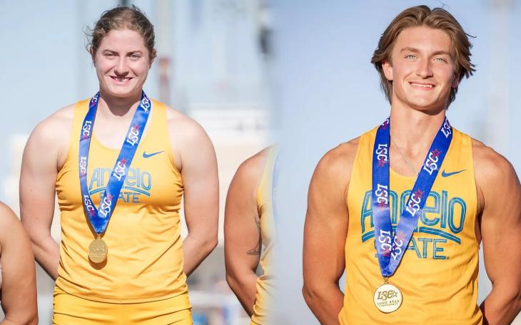Marie Schuler (left) won the women’s hammer throw at the Lone Star Conference Track and Field Meet, while Jonathan Wright won the men’s pole vault.