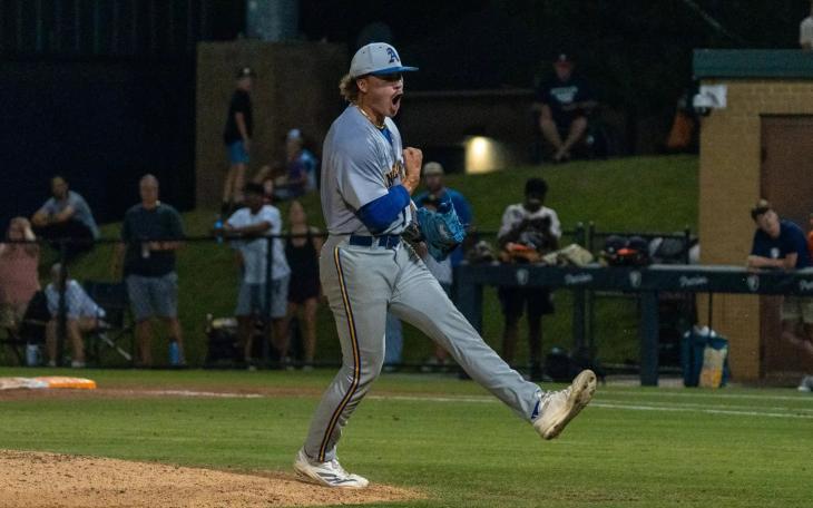 Angelo State's Isaac Godard celebrates after recording an out against UT Tyler at the regional tournament Friday, May 15, 2026.