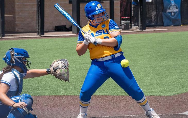 Angelo State's Ashleigh Dendas bats against Texas A&amp;M-Kingsville during the 2026 South Central Regional Softball Tournament.