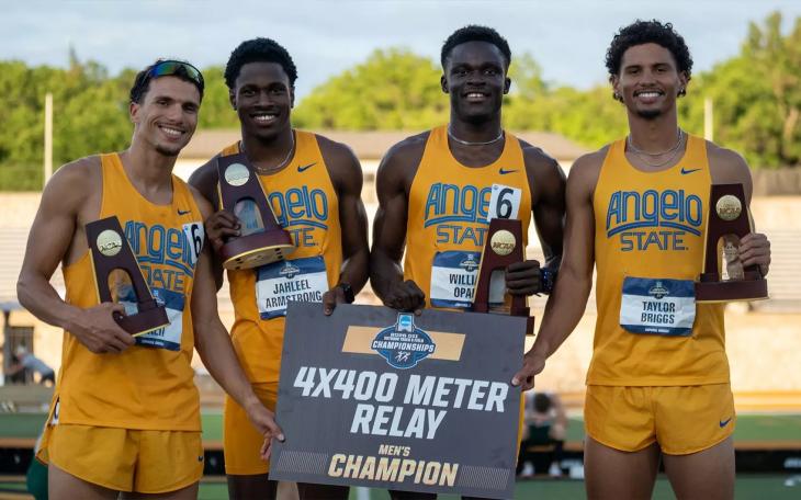 Angelo State's 4x400-meter relay team of William Opare, Rami Balta, Taylor Briggs and Jahleel Armstrong won the national title Saturday, May 23, 2026.