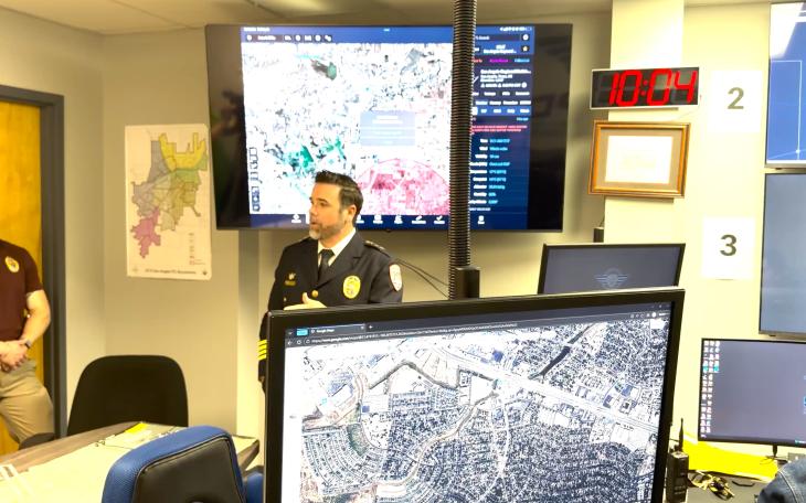 San Angelo Police Chief Travis Griffith gives a tour of the department's real-time crime center.