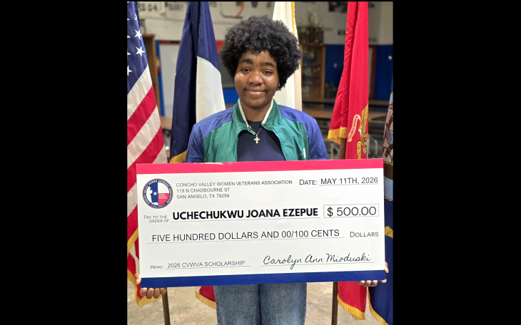 The Concho Valley Women Veterans Association awarded its second JROTC Carolyn Ann Mioduski Scholarship to Central High School’s Uchechuckwu Joana Ezepue.