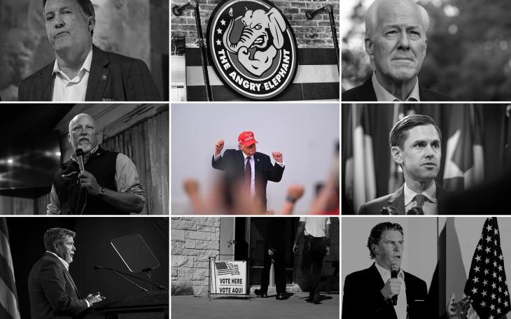 Three runoff elections in Texas are of particular interest. Top left: Texas Attorney General Ken Paxton, who is challenging incumbent U.S. Sen. John Cornyn (top right). Middle left: U.S. Rep. Chip Roy, vying for state attorney general against state Sen. Mayes Middleton (middle right). Bottom left: incumbent Railroad Commissioner Jim Wright, who faces challenger Bo French (bottom right).