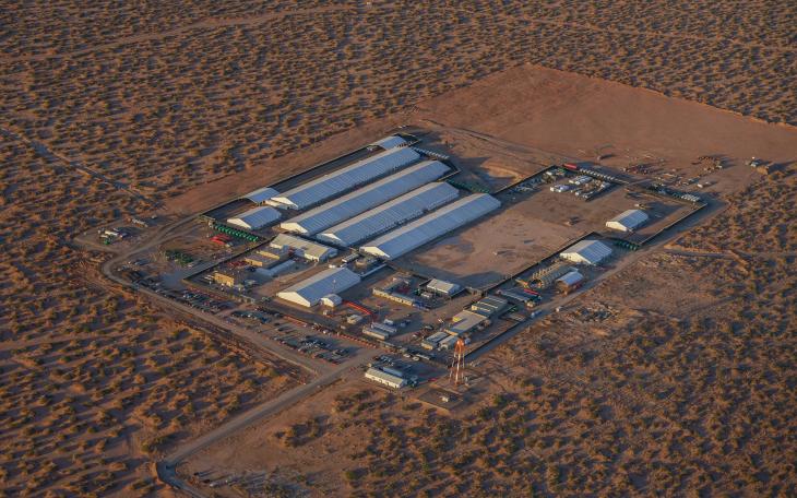 An aerial view of the Camp East Montana detention facility at Fort Bliss on Sept. 7, 2025.