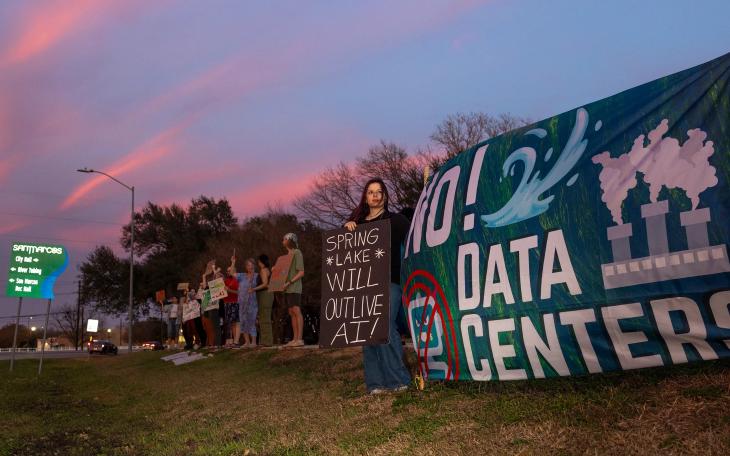 San Marcos residents protest a proposed AI data center during a City Council meeting on Feb. 17, 2026.