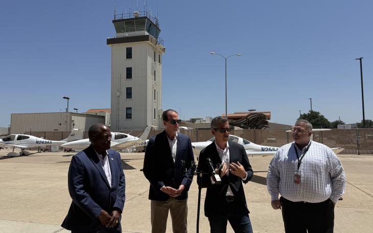 U.S. Transportation Secretary Sean Duffy visited San Angelo Regional Airport on Sunday to tour the air traffic control tower and discuss federal modernization efforts with Rep. August Pfluger and local leaders.