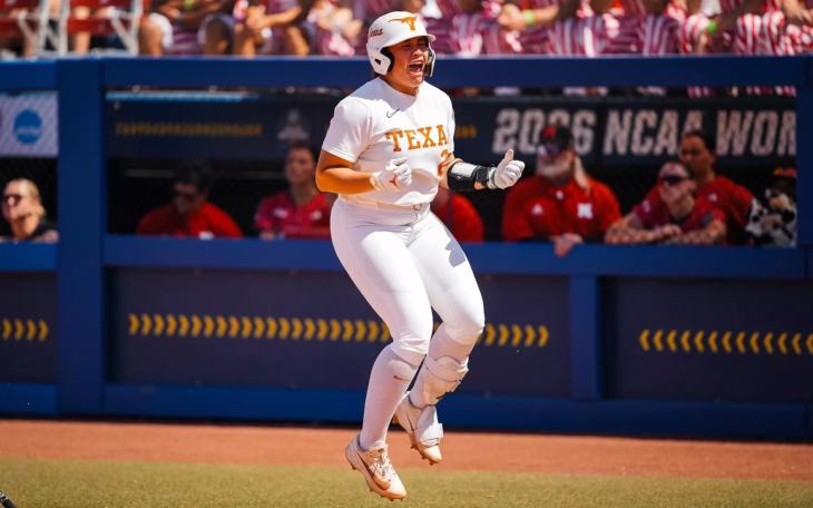 Texas' Katie Stewart celebrates after a home run over Nebraska in the 2026 College World Series.