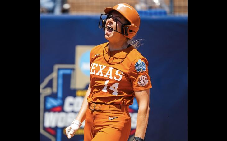 Texas' Reese Atwood celebrates during the 2026 College Softball World Series.