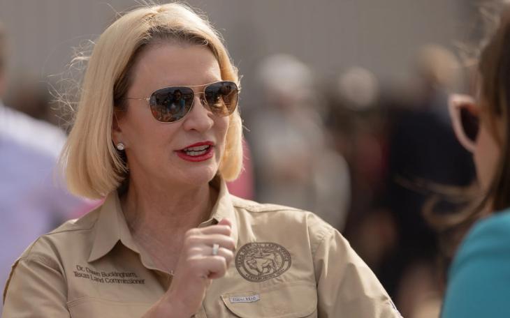 Land Commissioner Dawn Buckingham at an event with President Donald Trump and Gov. Greg Abbott at the South Texas International Airport in Edinburg on Nov. 19, 2023.