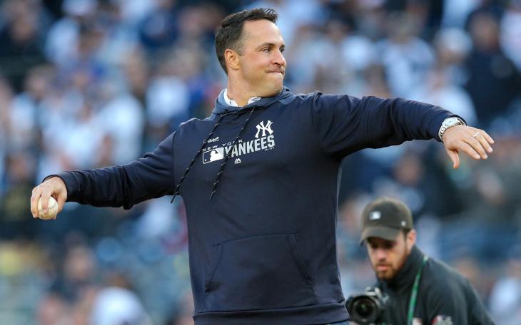 Former New York Yankees first baseman Mark Teixeira throws out the first pitch prior to Game Two of the ALDS between the Yankees and Minnesota Twins at Yankee Stadium on Oct 5, 2019, in the Bronx, New York.