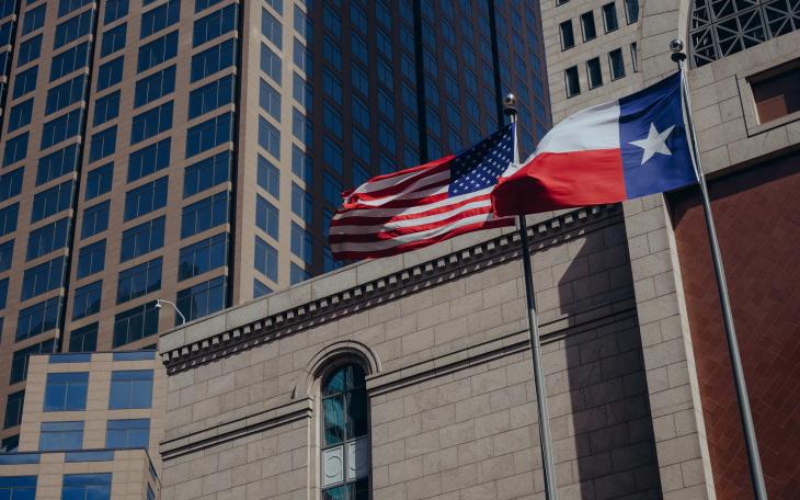 The American and Texas flags over Comerica Bank in downtown Dallas on Feb. 17, 2026.