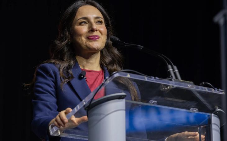 Democratic candidate for Texas Governor Gina Hinojosa speaks at the Texas Democratic Convention in Corpus Christi on June 26, 2026.
