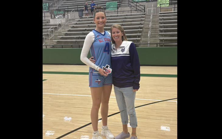 Mason's Flora Appleton (left) and head coach Alicia Cummings stand on the court after the Texas Girls Coaches Association 1A-4A All-Star Game on Friday, July 17, 2026.