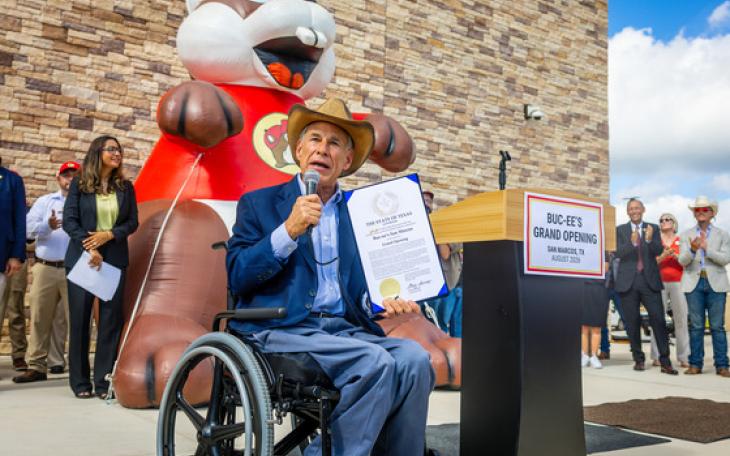 Governor Greg Abbott spoke Wednesday at the ribbon-cutting ceremony for Texas' newest Buc-ee's store in San Marcos.