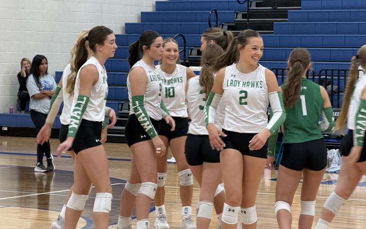 Wall's volleyball team laughs during the 2026 Nita Vannoy Memorial Tournament.