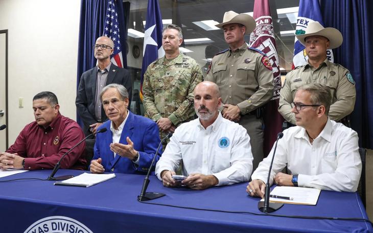 Gov. Greg Abbott speaks at a press conference Monday afternoon at the Texas Department of Emergency Management headquarters in Austin about a tropical depression that later strengthened into Tropical Storm Edouard. It is expected to move into southeast Texas on Tuesday.