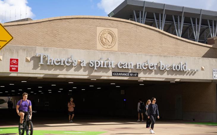 Students walk through a tunnel under Wellborn Road on the Texas A&amp;M University campus in College Station on Nov. 13, 2025.