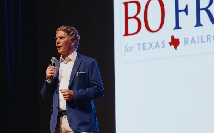 Republican candidate for Railroad Commissioner Bo French speaks at the Red River Roll Call, a Republican rally hosted by state Rep. Shelley Luther, in Sherman on July 27, 2026.
