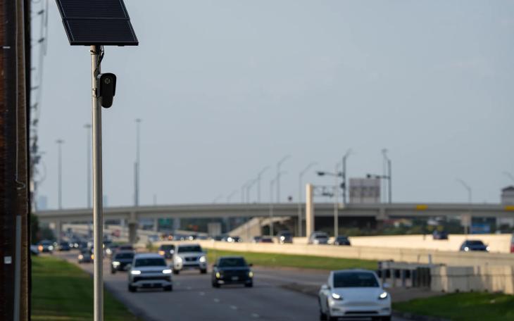 A Flock camera records drivers on the Texas 288 feeder road in Pearland on Aug. 23, 2026.
