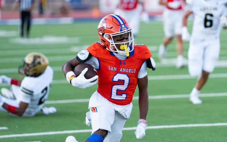 San Angelo Central wide receiver Jesse Smith runs after the catch against Abilene High on Friday, Aug. 28, 2026.