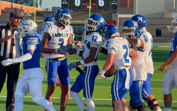 Chris Rodela (2) celebrates with his Lake View teammates after a touchdown catch against Fort Stockton on Friday, Aug. 28, 2026.