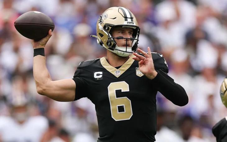 New Orleans quarterback Tyler Shough fires a pass during the 2026 NFL season.