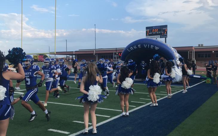 The Lake View Chiefs run out of the tunnel before their game against Snyder on Friday, Sept. 4, 2026.