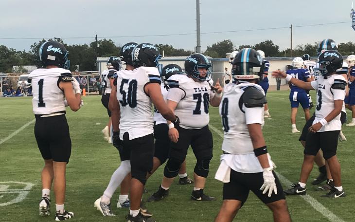 The TLCA San Angelo Eagles celebrate after a touchdown against Winters on Thursday, Sept. 10, 2026.
